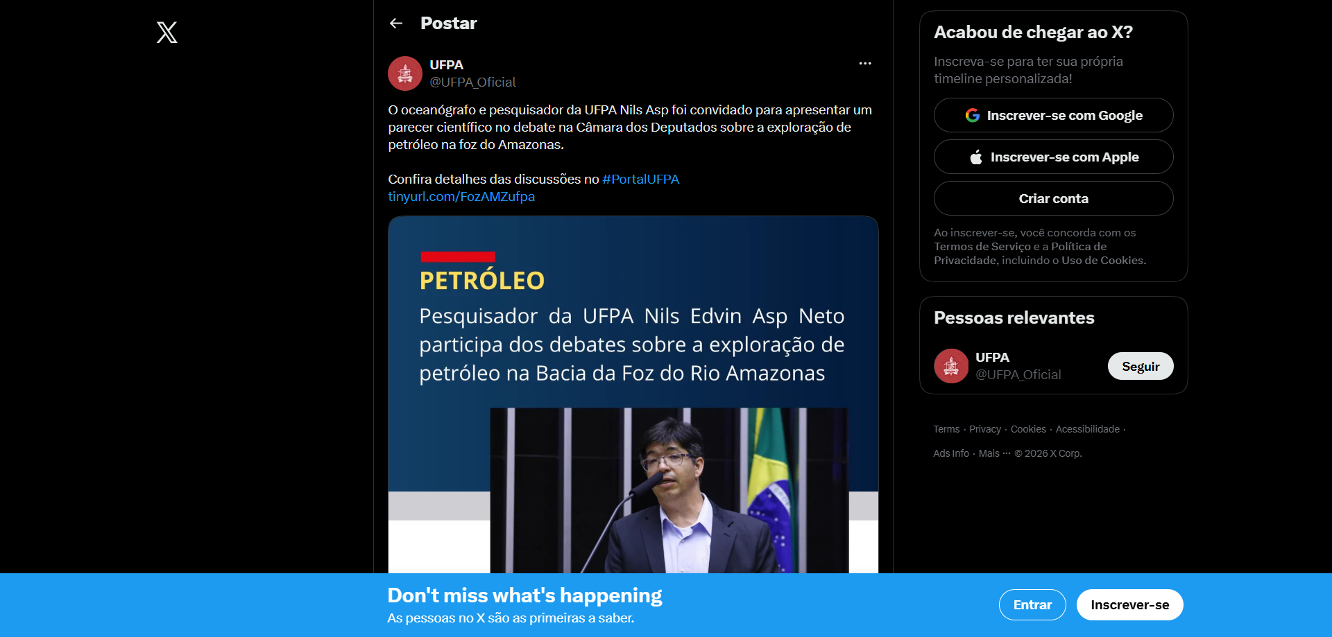 O oceanógrafo e pesquisador da UFPA Nils Asp foi convidado para apresentar um parecer científico no debate na Câmara dos Deputados sobre a exploração de petróleo na foz do Amazonas.
